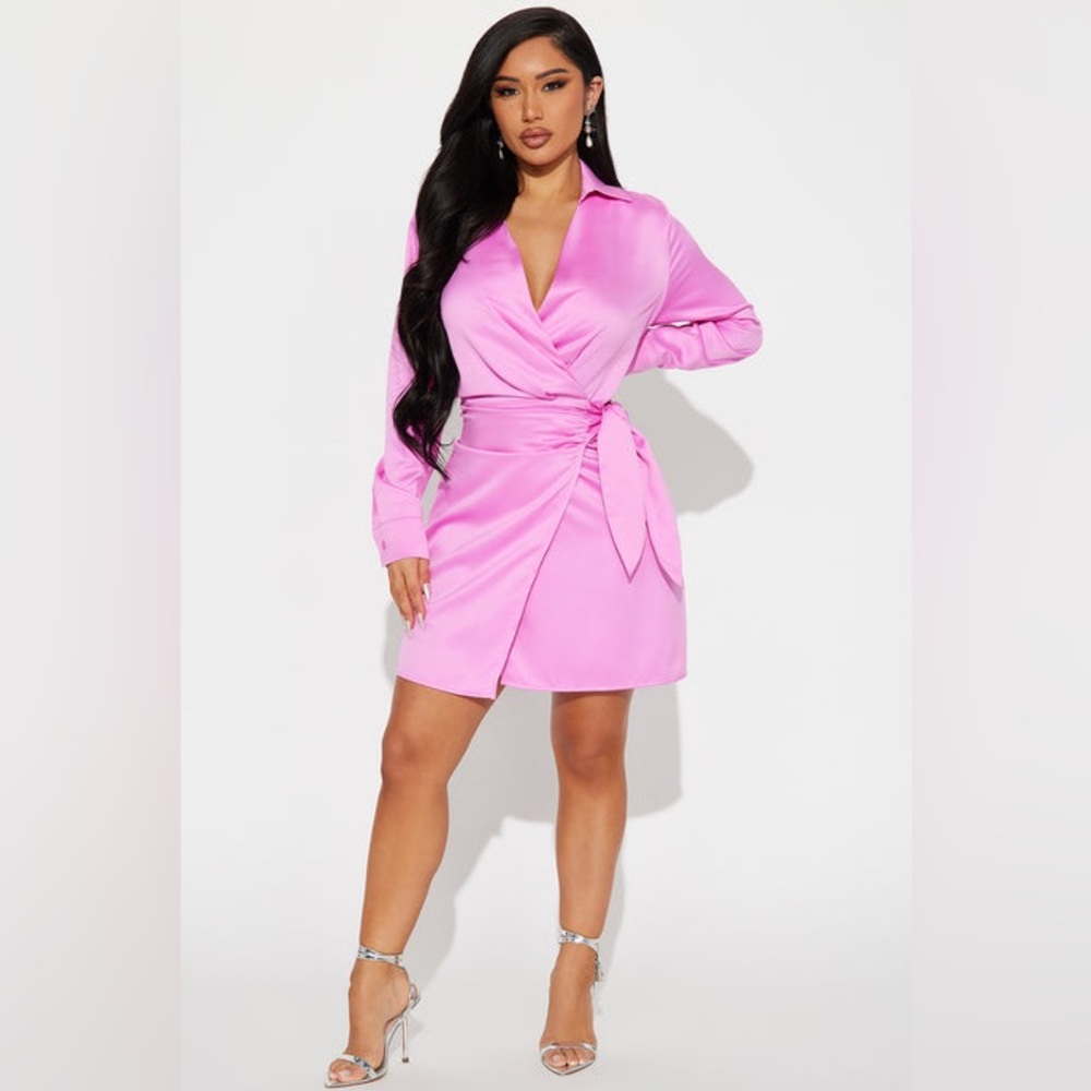 Fashion Nova Pink Wrap Tie Front Dress Long Sleeve